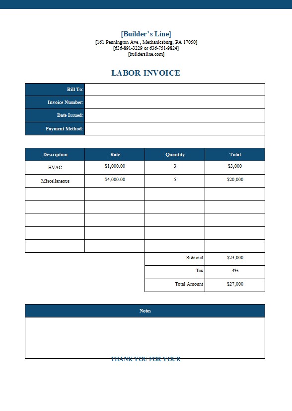 Free Labor Invoice template PSD template